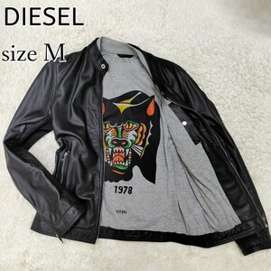 【超希少】DIESEL ディーゼル☆シープスキン パンチングシングルライダースジャケット M 黒 タイガー 虎 レザージャケット 羊革 ラムレザー