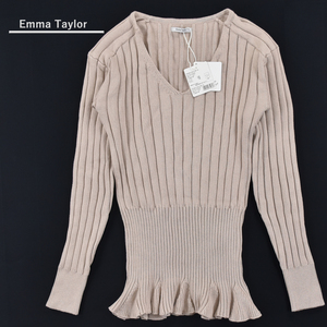 【タグ付き未使用】Emma Taylor エマテイラー ★ ペプラム Vネック リブニット プルオーバー 長袖 カットソー ベージュ レディース F