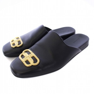 バレンシアガ BALENCIAGA COSY BB SANDAL ミュール サンダル フラット ロゴ ゴールド金具 スクエアトゥ レザー 39 26cm 黒 ブラック 590659