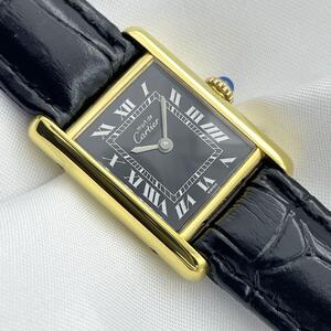 T872 分解整備・磨き済 Cartier カルティエ ヴェルメイユ マストタンクSM オニキスローマン文字盤×黒ストラップ 手巻 機械式 腕時計