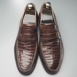 W3075//イタリア製*モレスキー/MORESCHI*メンズ9.5/ワニ革装飾/サドルローファー/レザースリッポン/革靴/茶/ブラウン