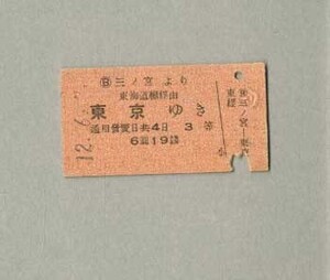 鉄道硬券 　戦前　三ノ宮より　東海道線経由　東京ゆき　3等　6円19銭