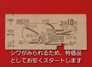 『特価品』　地図式硬券乗車券●【御徒町→10円・３等】S35.10.4●入鋏済