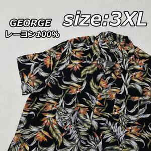 size:3XL【GEORGE】レーヨン100％ リーフ柄 アロハシャツ オープンカラー ボックス ビッグサイズ 黒 ブラック