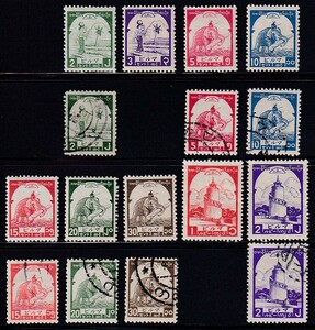 10 南方占領地域【未済混合】＜「ビルマ 日本軍政下発行 1943 風物図案切手」 使用済7種・未使用9種 (#2B61-70, #2B61欠) ＞