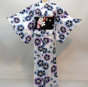 浴衣 仕立て上がり 女性用 ichi 綿100％ 152-167cm ゆかた単品 花柄 朝顔 古典柄 白地 新品 （株）安田屋 NO30489