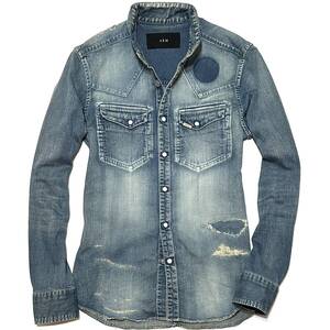 定価5.8万 AKM 8oz STRETCH DENIM DAMAGED WESTERN BAND COLLAR SHIRTS M ブルー ストレッチデニムウエスタンシャツ wjk ジュンハシモト