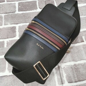 未使用級●Paul Smith ポールスミス メンズ ビジネス ボディバッグ レザー スリング ショルダー クロスボディ マルチストライプ シボ革 