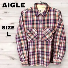 AIGLE エーグル　ネルシャツ　チェック　長袖　Lサイズ　レッド　ネイビー