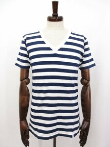 超美品【エンポリオアルマーニ EMPORIO ARMANI】最高級黒ラベル 綿100% Vネック半袖Tシャツ (メンズ) sizeS 紺×白 ボーダー柄□33MT5365