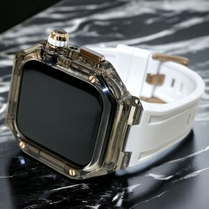 TBW☆ブラック ホワイト☆アップルウォッチバンド ラバーベルト カバー　Apple Watch クリア ケース 40mm 41mm 44mm 45mm 46mm 49mm 4ネジ