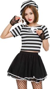 【最終価格】 ラスト1点 囚人服 コスプレ 仮装 衣装 ハロウィン パーティー Lサイズ　レディース 肩出し セクシー 薄手 仮装 1-9