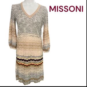 美品　MISSONI 波模様 ウール、シルク　七分丈ワンピース　40、M、9号 ミッソーニ