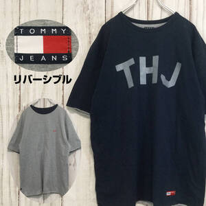 【トミージーンズ 半袖ビッグロゴTシャツ】海外サイズ リバーシブル ビッグロゴ 縫い付けロゴ L Tommy Jeans 古着 [240613-010]