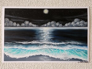 風景画　海の絵　パステル　アート　自然　絵画　夏　月　夜空　オイルパステル