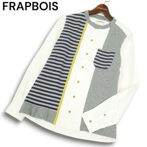 FRAPBOIS フラボア クレイジー切替★ ボーダー 長袖 バンドカラー シャツ Sz.3 メンズ 白 × グレー　C5T00196_1#C