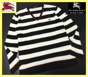大人気 L(3)美品 バーバリーブラックレーベル BURBERRY BLACK LABEL ホース刺繍 高感度ステッチデザイン パイル生地 ボーダー柄 セーター