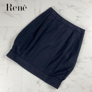 美品 Rene ルネ カシミヤ混 ウール デザインタック 膝丈バルーンスカート 裏地あり レディース ボトムス 黒 ブラック サイズ36*LC310