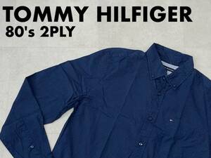 ☆送料無料☆ TOMMY HILFIGER トミーヒルフィガー 古着 長袖 総柄 80’s 2PLY ボタンダウン 胸ポケット付き シャツ メンズ S ネイビー 中古