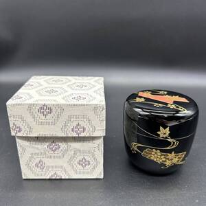 中棗 棗 なつめ 蒔絵 花筏蒔絵 金彩 金蒔絵 茶道具 茶入 黒塗 漆塗 茶器 イ9