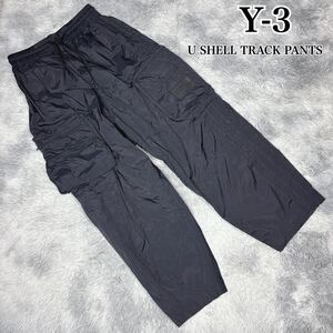 状態良 Y-3 U SHELL TRACK PANTS Yohji Yamamoto ヨウジヤマモト ナイロン カーゴパンツ ワイド ロゴ ミリタリー メンズ ブラック