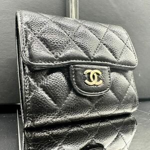 CHANEL シャネル 三つ折り財布 ブラック キャビアスキン マトラッセ ゴールドロゴ レディース コンパクトウォレット フラップ