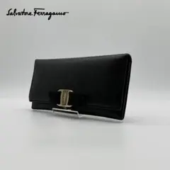 【極美品】Ferragamo レザー 長財布 ヴァラリボン ゴールド金具 黒