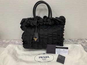 ☆1円スタート☆ 【美品】 PRADA プラダ ナイロン フリル ハンド バッグ ブラック系 ◆25122