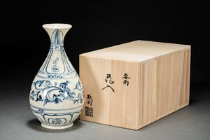 【善古堂】某有名オークション買入 時代物 越南国製 安南陶器 染付き花卉紋花入 共箱 骨董品 古美術0625-320S01