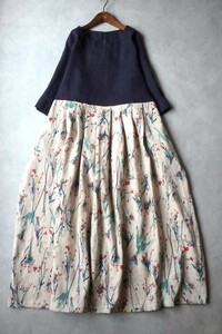 ハンドメイド♪フレンチリネン＆cottonリネン花柄スカートOP♪