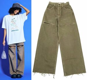 完売 24SS moussy マウジー SLIT WIDE LOOSE STRAIGHT スリットルーズストレートデニム ブラウン 0/カットオフ ワイド デニム デニムパンツ