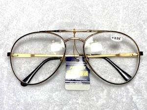 デッドストック 高級 老眼鏡 +2.25 ツーブリッジ 金 ゴールド ビンテージ 未使用 メタル フレーム 昭和レトロ 眼鏡 メンズ レディース