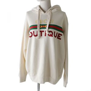 【ドンドン見直し】美品◎正規品 伊製 GUCCI グッチ 615061 レディース BOUTIQUE ロゴプリント フード付 プルオーバー アイボリー XS