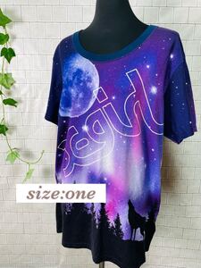 ★レディース X-girl フルグラフィック オーロラ 宇宙 月 プリントTEE 狼 one size Tシャツ カットソー 個性的 211024-027