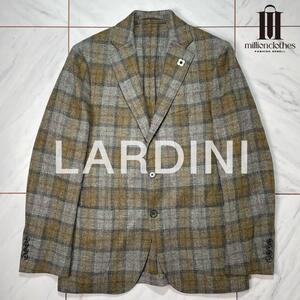 美品 LARDINI 秋冬 ウール100 段返り3B ブートニエール ウインドウペン チェック グレー ブラウン 灰色 茶 メンズ ラルディーニ 48 L相当