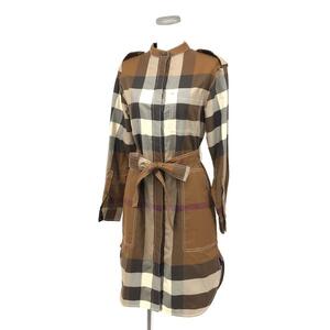 ◆BURBERRY LONDON バーバリーロンドン 長袖ワンピース UK4◆ ブラウン コットン レディース バンドカラー チェック柄 8048726