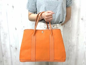 極美品 HERMES エルメス ガーデンパーティ PM トートバッグ ハンドバッグ バッグ キャンバス×レザー オレンジ A4収納可 76805Y