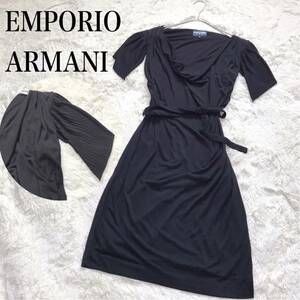 美品 EMPORIO ARMANI プリーツ 切り替え ドレープワンピース 黒 エンポリオアルマーニ