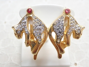 K477　ヴィンテージ イヤリング　ゴールドカラー　つられた猫　ラインストーン　金属製　Vintage Earrings