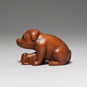 根付 親子犬 柘植 木彫品 木製 彫刻品 現品お渡し 0707-5-8