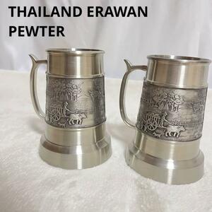 錫製 ピューター タイ ジョッキ ゴブレット マグカップ ペア 2つセット タイ エラワン タイランドTHAILAND ERAWAN PEWTER