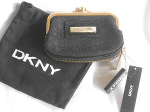 未使用　55ドルタグ付 DKNY ダナキャラン　がま口財布　コインケース　小銭入れ　ブラック　DK浮き模様