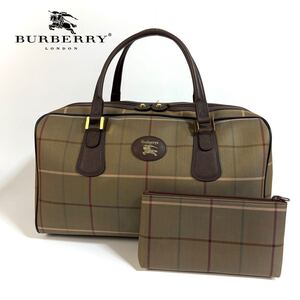 【美品】BURBERRY Burberrys バーバリー レザー キャンバス 大容量 ボストンバッグ ハンドバッグ シャドーホース ブラウン ポーチ付