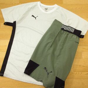 ◎極美品！PUMA プーマ M 上下セット◆ジャージ / 半袖 Tシャツ&ハーフ ショートパンツ ドライ 速乾！◆メンズ 白xオリーブ◆BA0374