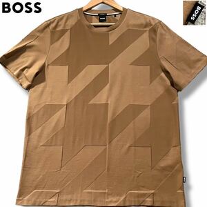 未使用級/XXLサイズ●現行タグ ヒューゴボス 半袖Tシャツ クルーネック HUGO BOSS ストレッチ 総柄 ジャガード BOSSロゴタグ ベージュ 3L