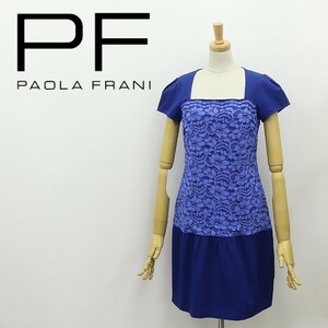 美品◆PAOLA FRANI パオラフラーニ ストレッチ コットン レース 切替 ギャザー ワンピース 青 ブルー×ネイビー 38