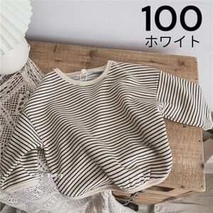 100cm　長袖　ボーダー　トップス　カットソー　Tシャツ　ロンT　ラウンドネック　丸首　韓国　韓国子供服　薄手　カジュアル　リブ