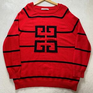 【美品・現行タグ】 GIVENCHY ジバンシィ ジバンシー メンズ ダメージ加工 ボーダー ウール ニット セーター 4G レッド Lサイズ