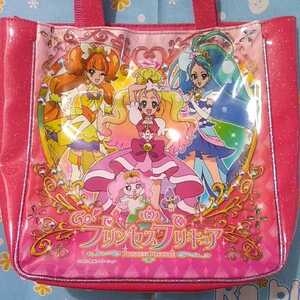 プリンセスプリキュア ビニール バッグ 集合３人 中古美品 手提げカバン トートバッグ 250×240×65mm 持ち手や内部も綺麗です