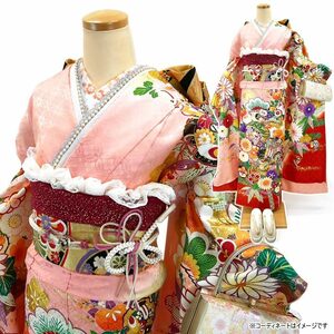 仕立て付き 正絹振袖単品 ピンク 古典柄 御所車 絹100% f-542-t 刺繍 成人式 卒業式